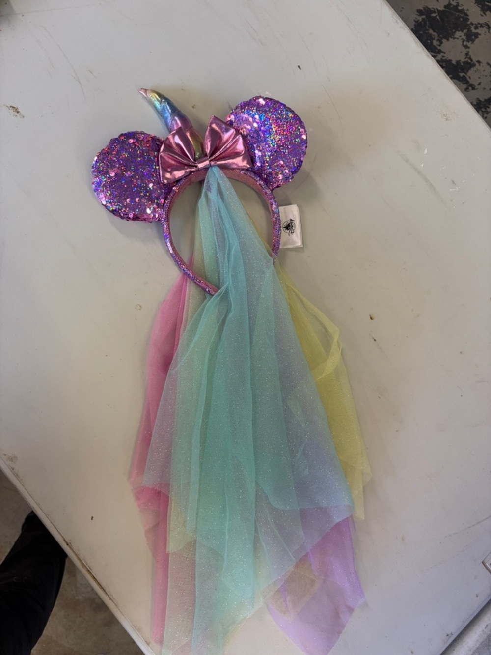 Sparkly Unicorn Disney Mickey Mouse Ears Headband with Rainbow Veil - Pink/Multi